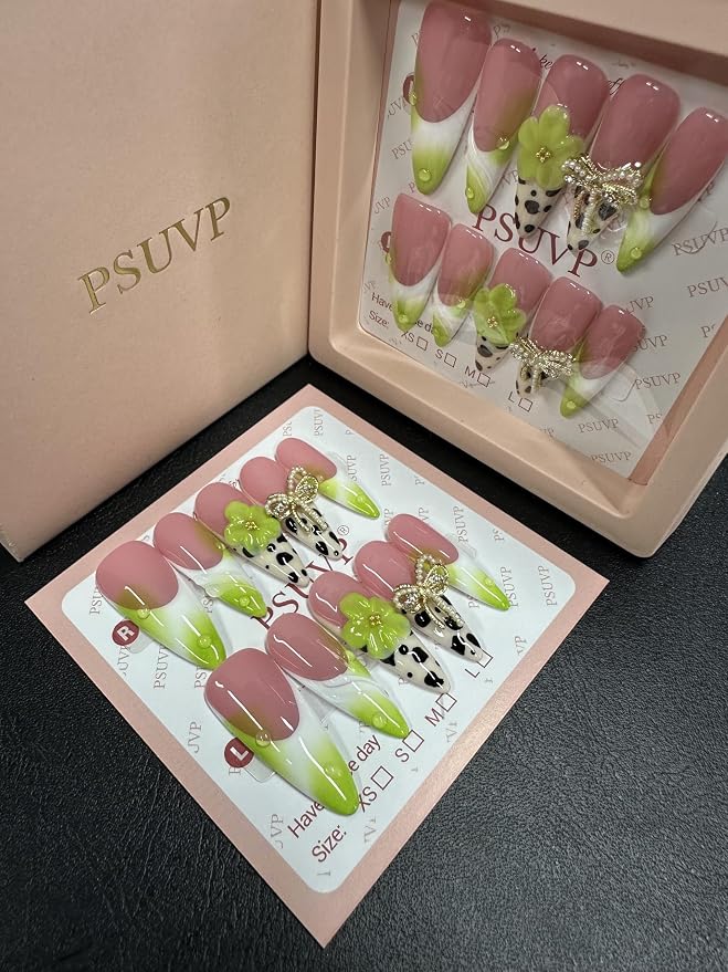 3D spotted green flower Bows Handmade nails
