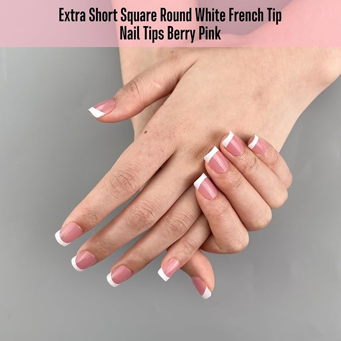 XXS Extra Short Square Round White French Tip BERRY PINK
