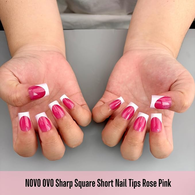 Short Sharp Square Nail Tips White French Tip ROSE PINK