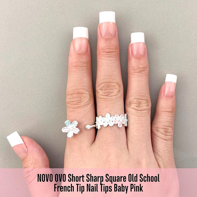 Short Sharp Square Nail Tips Wide White French Tip Baby Pink