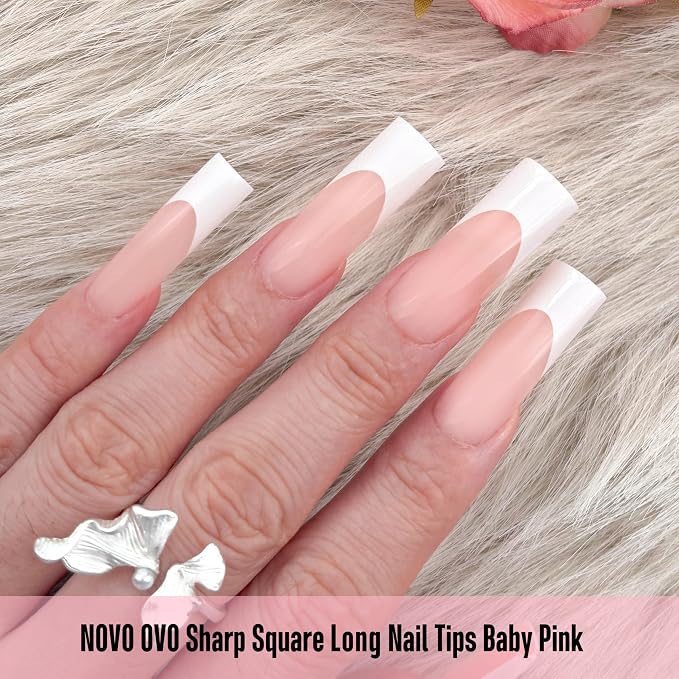 Long Sharp Square White French Tip Nail Tips Baby Pink 180