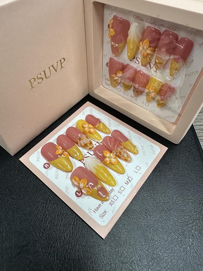 3D orange and yellow flowers Sunset Bloom French Tip Press On Nails