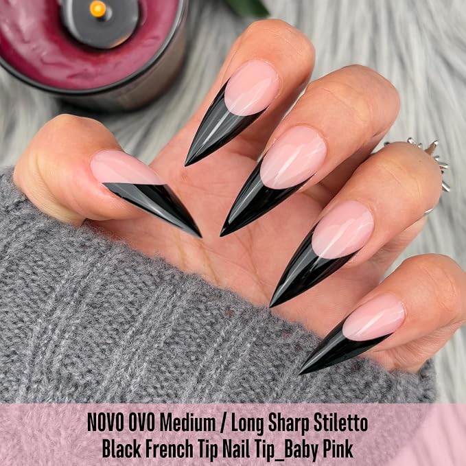 Medium or Long Black French Tip Sharp Stiletto Nail Tips Baby Pink