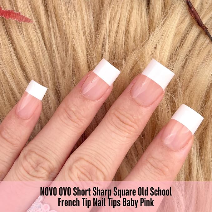 Short Sharp Square Nail Tips Wide White French Tip Baby Pink
