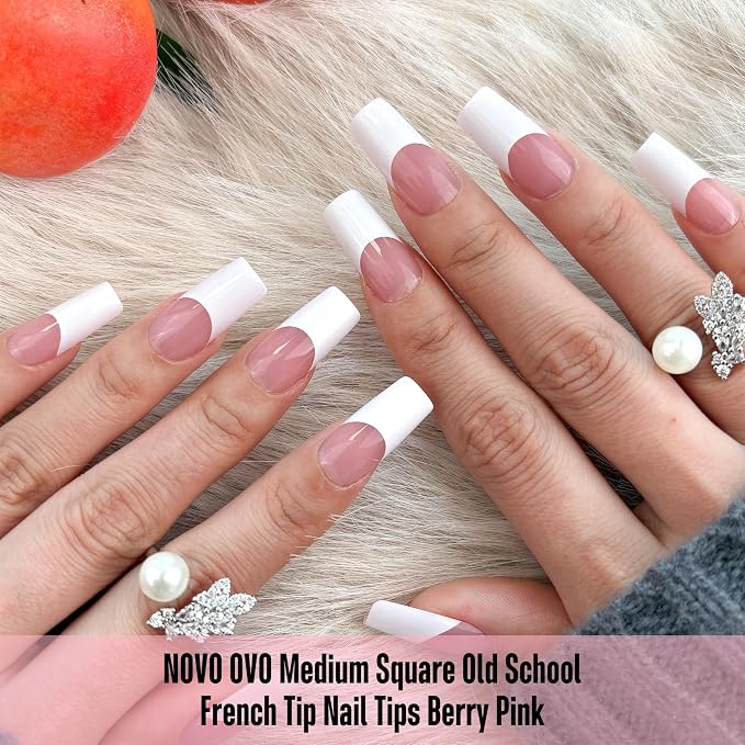 Square Wide White French Tip Berry Pink