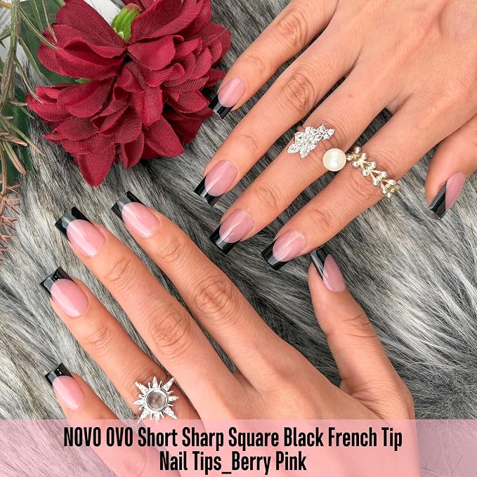 Short Sharp Square Nail Tips Black French Tip BERRY PINK