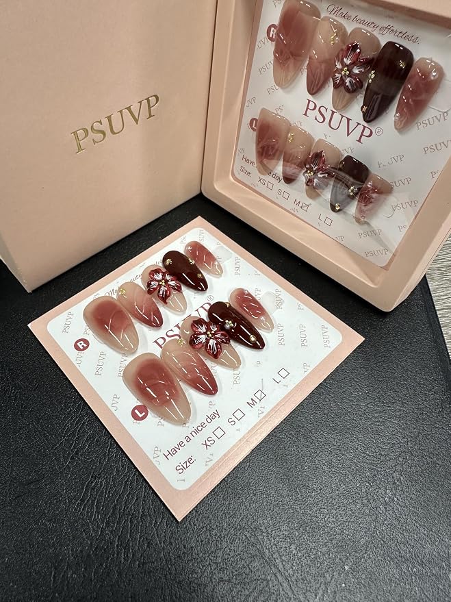 3D Wine Red Flora Glam Cherry Red Handmade Press On Nails
