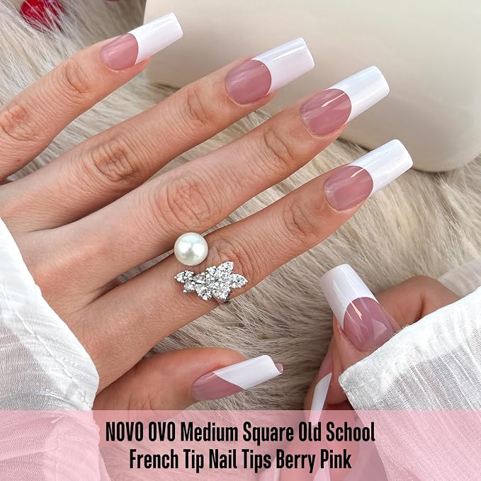 Square Wide White French Tip Berry Pink