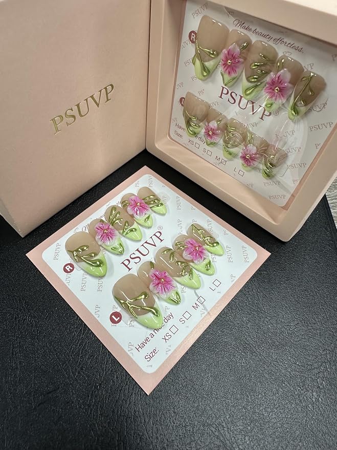 3D Spring Green with pink and rose-red flowers Press On nails