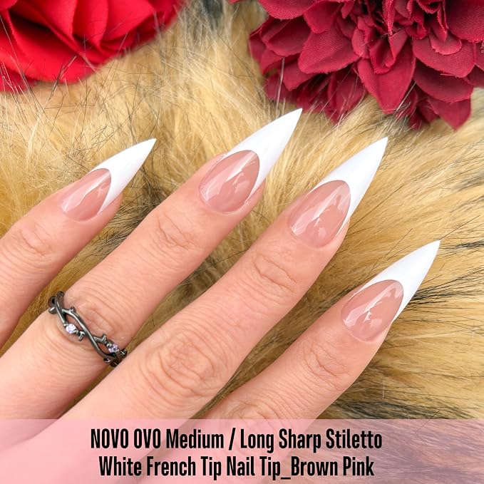 Medium or Long White French Tip Sharp Stiletto Nail Tips Brown Pink